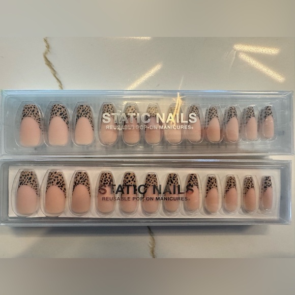 2 Static Nails Cheetah French Long Coffin Press-On Nails - Picture 2 of 4